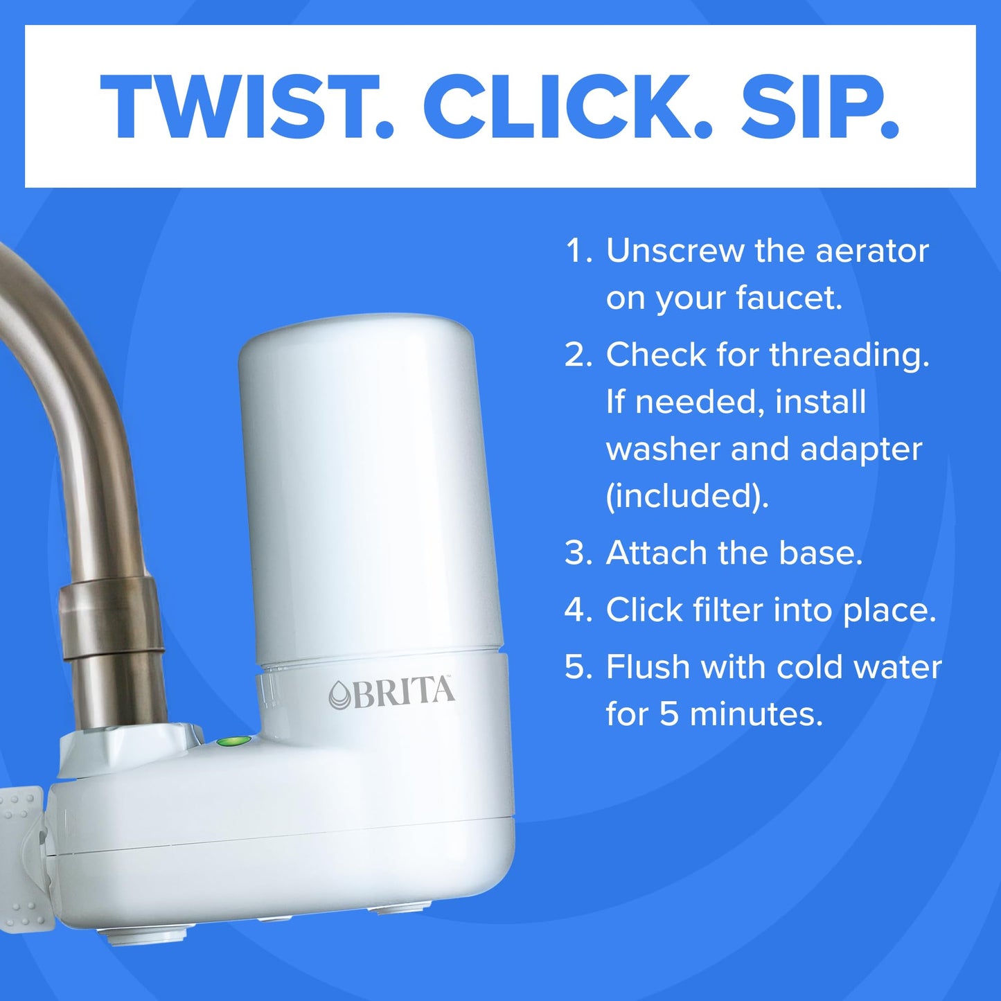 Brita Faucet Mount Water Filter System, White, No-Wait Filtration, Easy Install, Multi-Use Tap Water Filter for Kitchens, Bathrooms & Small Spaces